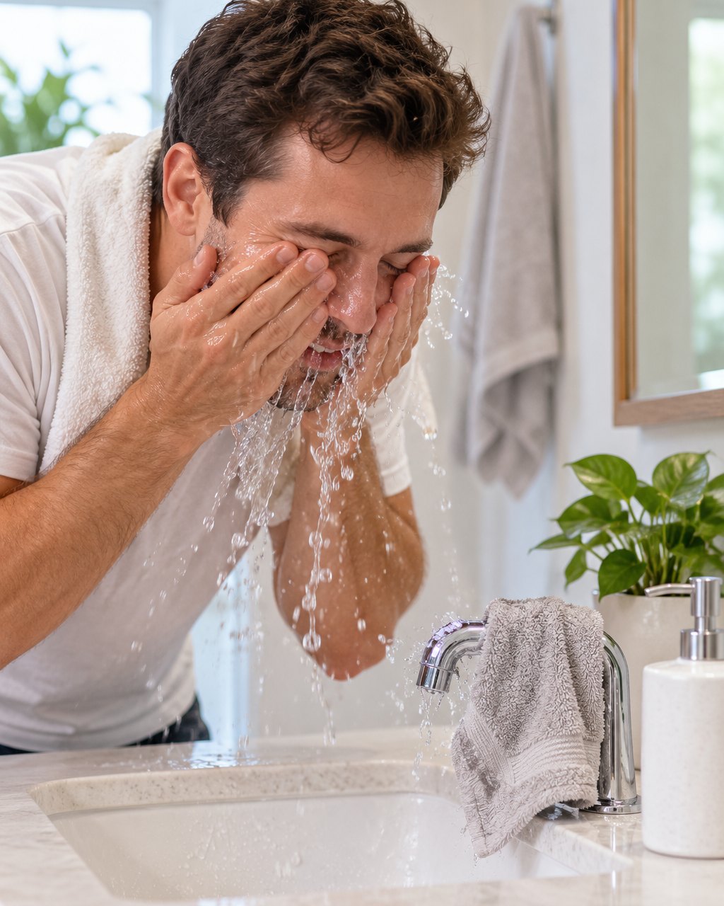 Man splashing water on his face at a sink, a damp washcloth hanging over the tap