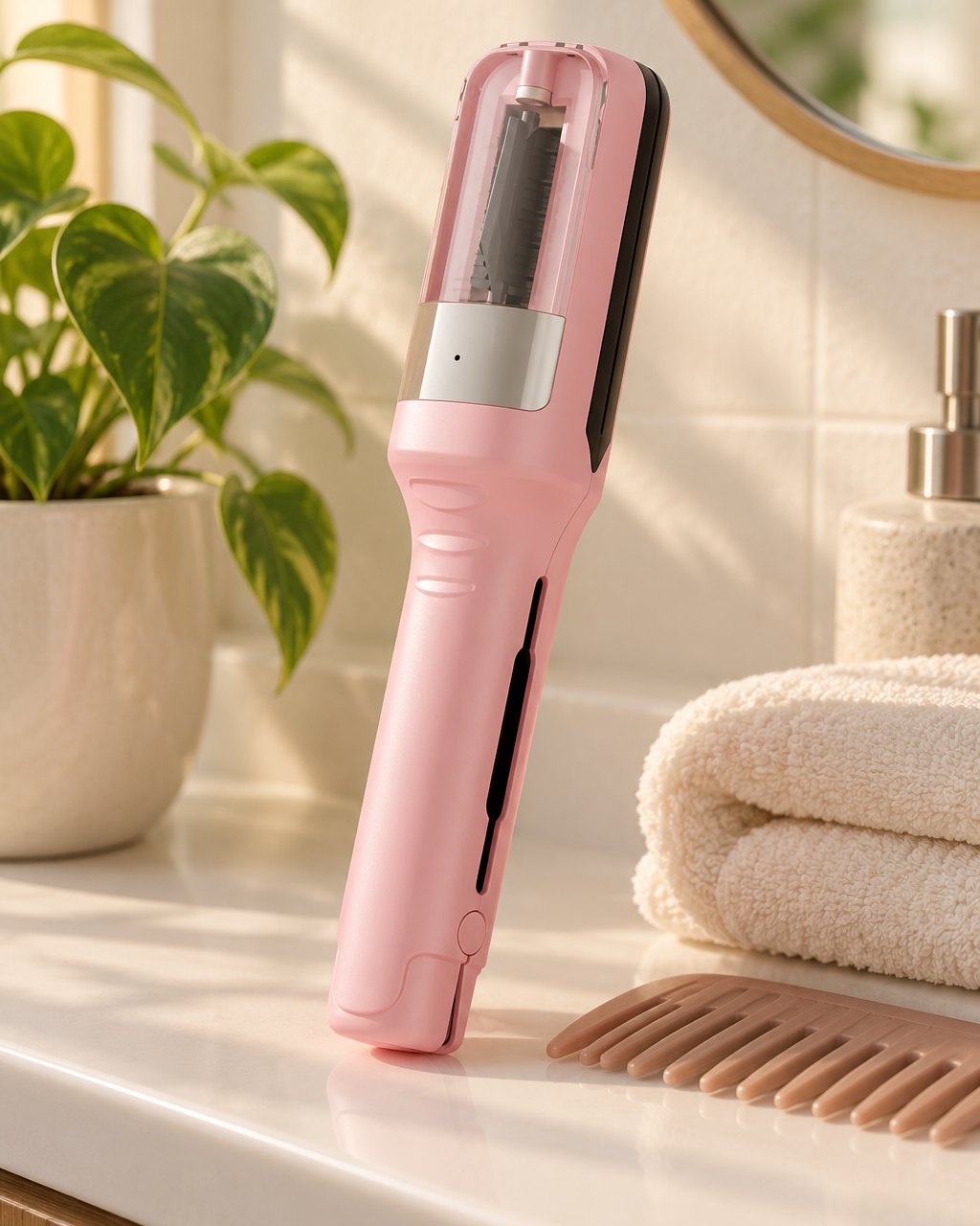 The pink trimmer on a bathroom shelf beside a comb and a folded towel