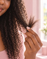 Fingers holding the frayed ends of a long hair section up to window light