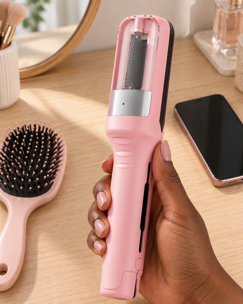 The trimmer held upright in one hand next to a hairbrush and a phone