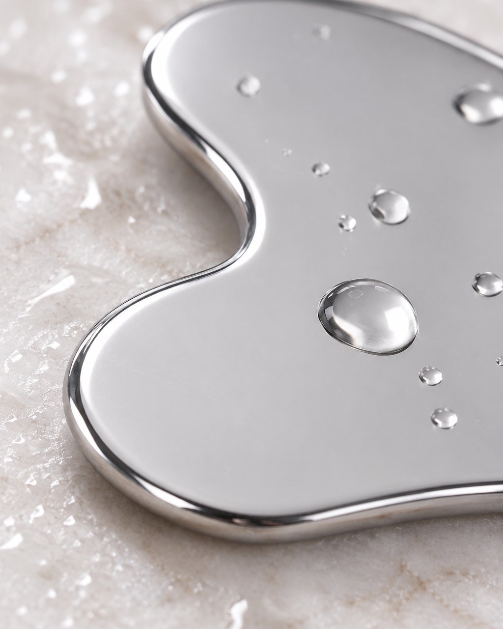 Close-up of the gua sha's polished steel edge and heart-shaped notch