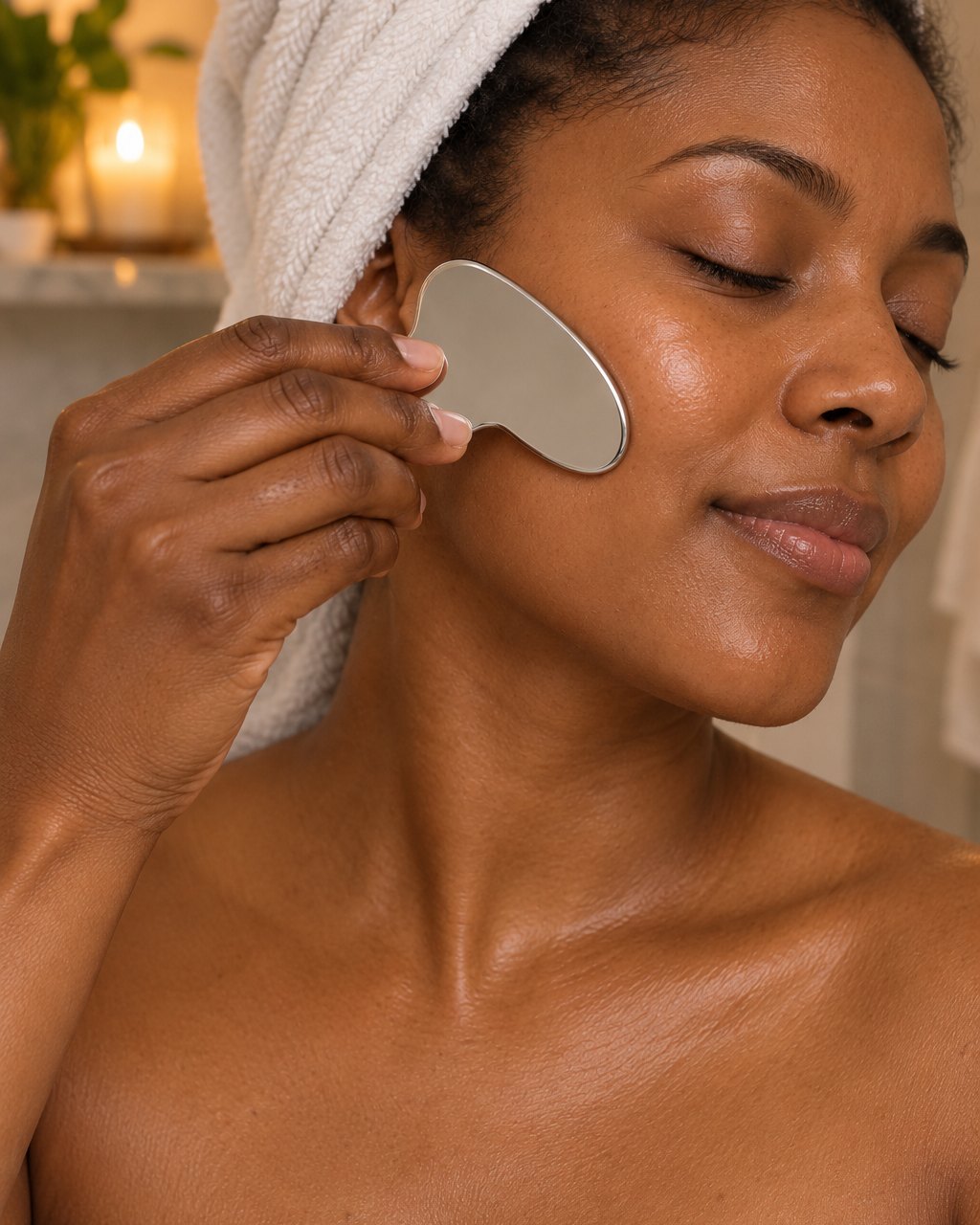 Woman gliding the steel gua sha along her cheekbone after applying face oil