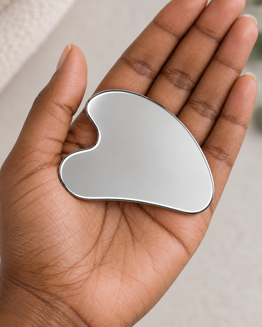 The steel gua sha resting flat in an open palm, showing its small size
