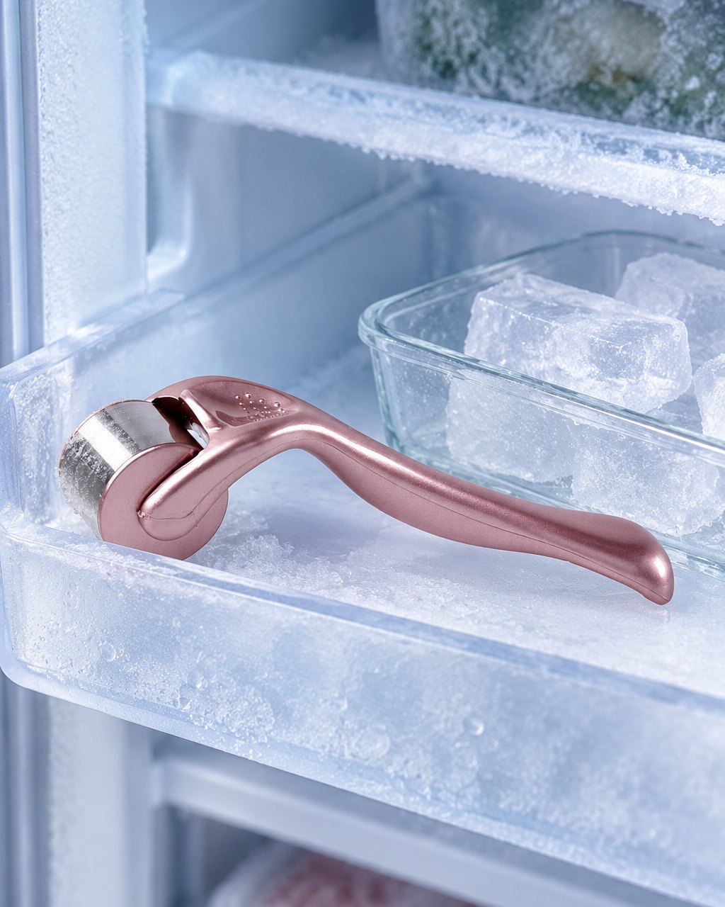 Ice roller lying on a frosted shelf in the freezer door, ready to use