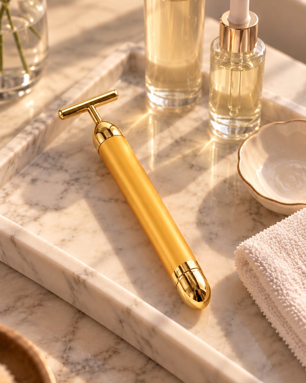 Gold beauty bar on a marble vanity tray beside glass skincare bottles and a folded face cloth