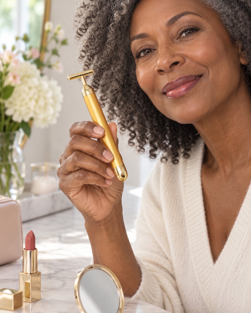 The beauty bar held up in one hand at a vanity, with a lipstick nearby for size